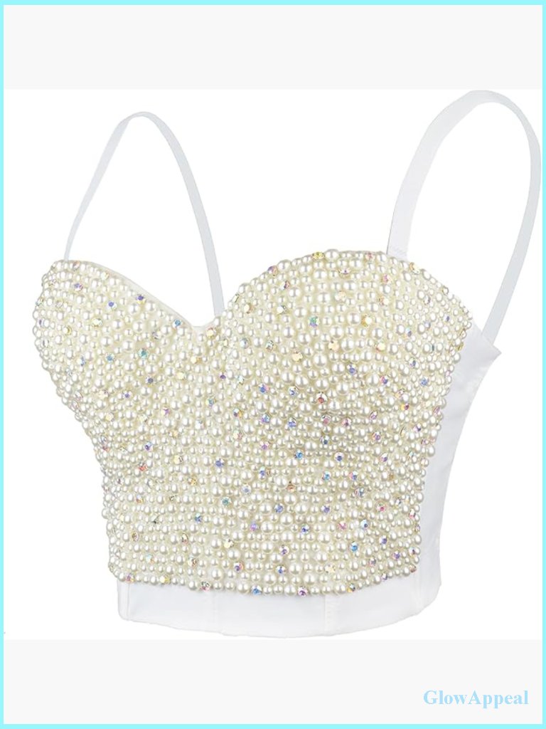 Beaded Rhinestone Bustier Crop Top With Detachable Straps